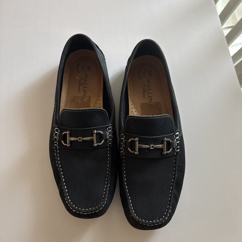 WALLIN BROS Navy Blue Nubuck Suede Leather Perforated Horsebit Buckle Loafers 13